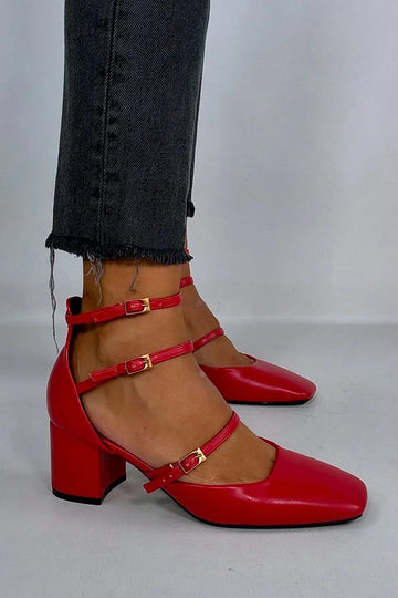 Multi Straps Buckles Square Toe Red Chunky Heels