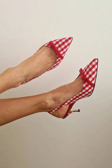 Plaid Bow Decor Pointed Toe Slingback Red Stiletto Heels