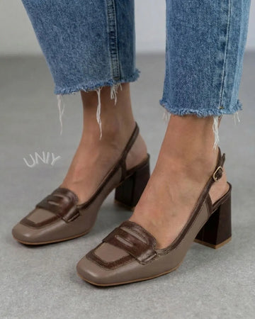 Versatile Colorblock Square Toe PU Leather Slingback Block Heels