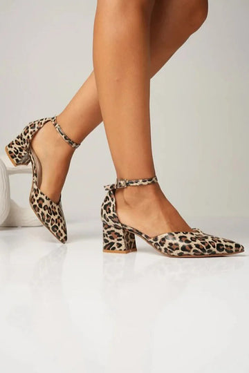Ankle Strap Buckle Pointed Toe Leopard Print Chunky Heels