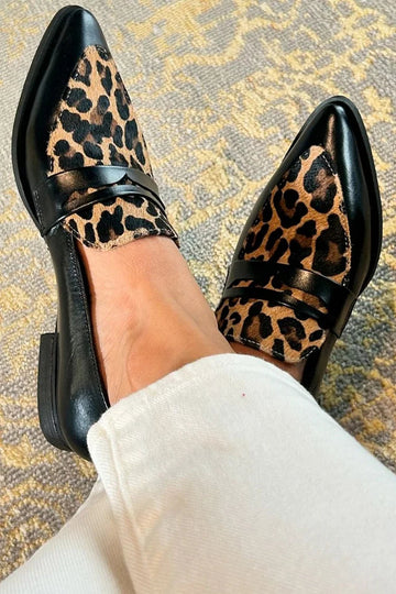 Pointed Toe Leopard Print Patchwork Black Loafers