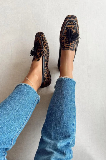 Leopard Print Tassel Decor Square Toe Brown Loafers