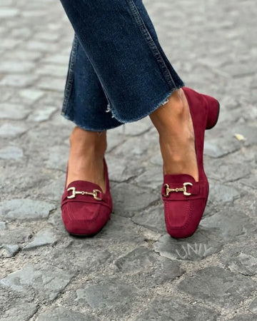 Burgundy Faux Suede Horsebit Detail Square Toe Loafers