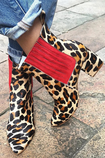 Leopard Print Pointed Toe Beige Chunky Heels Boots