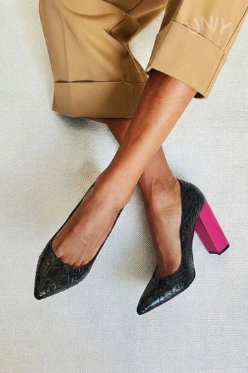 Pointed Toe Textured Upper Contrast Chunky Heel Pumps