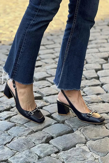 Metal Decor Square Toe Slingback Black Chunky Heels