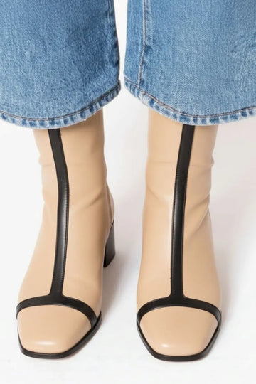 Apricot Square Toe Patchwork Leather Chunky Heel Ankle Boots
