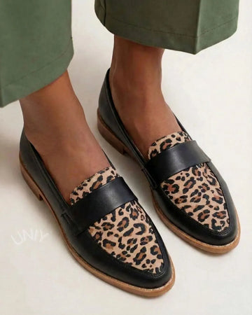 Leopard Print Leather Panel Classic Round Toe Loafer Flats