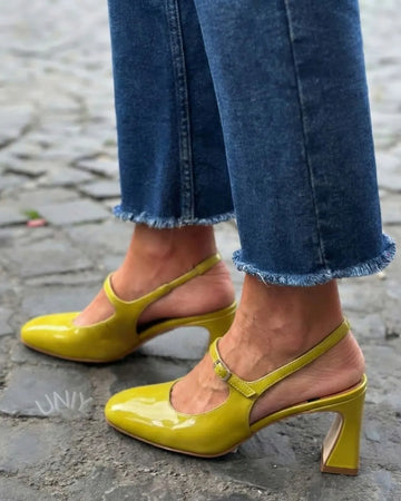 Yellow Patent Leather Round Toe Mary Jane Block Heels