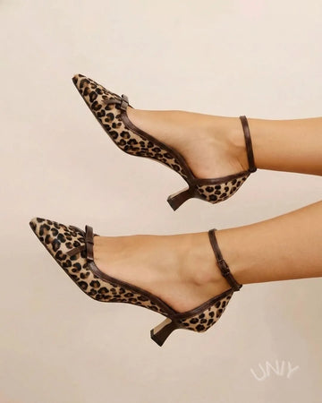 Leopard Print Pointed Toe Bow Ankle Strap Kitten Heels