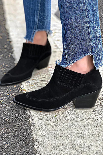 Stitch Detail Pointed Toe Solid Color Black Ankle Boots