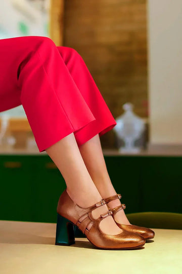 Two Straps Buckles Colorblock Gold Chunky Heels