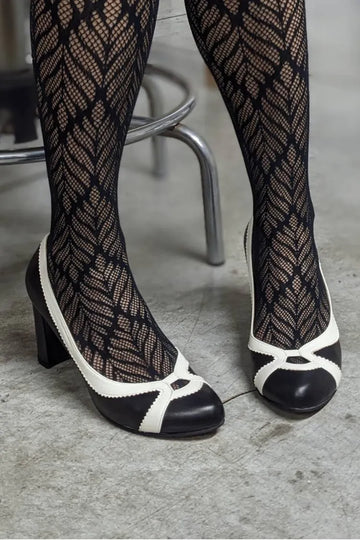 Black White Scalloped Round Toe Spectator Block Heels