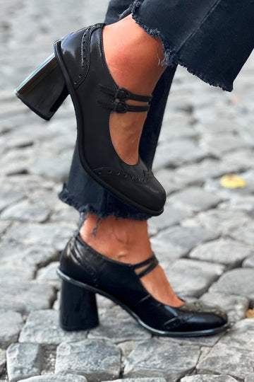 Two Straps Buckles Round Toe Black Chunky Heels