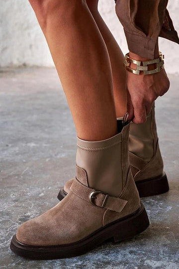 Patchwork Strap Buckle Round Toe Taupe Ankle Boots