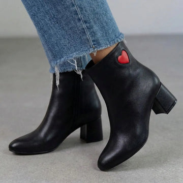 Black PU Leather Ankle Boots Red Heart Detail Block Heels