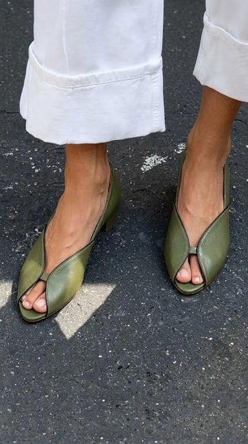 Leather Peep Toe Closed Back Olive Low Block Heels