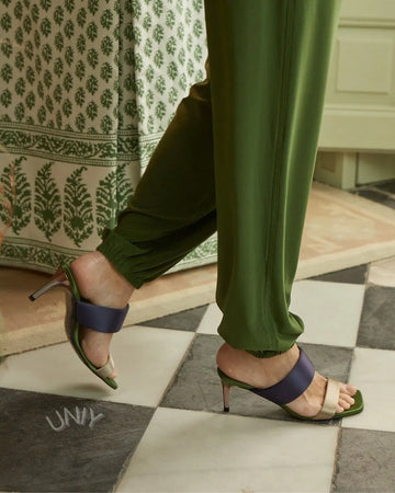 Chic Satin Color Block Square Toe Stiletto Heel Mule Sandals