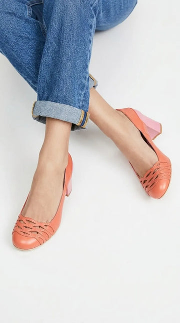 Woven Cutout Round Toe Pump Coral Chunky Heels