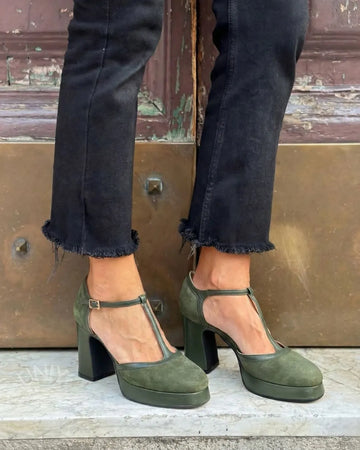 Green Faux Suede Platform T-Strap Chunky Block Heels
