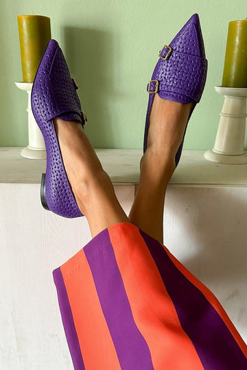 Textured Patchwork Buckles Pointed Toe Purple Flats