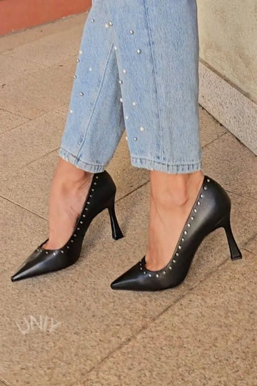 Elegant Black Pointed Toe Studded Detail Stiletto Heels