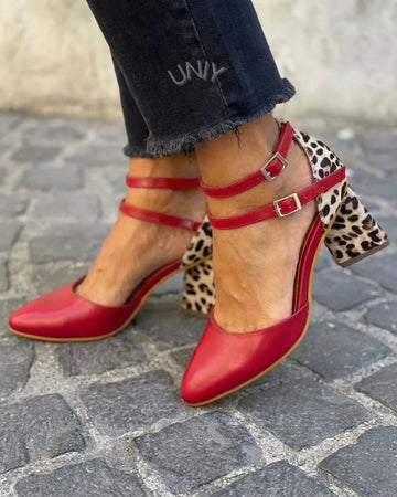 Red Leopard Print Double Buckle Strap Block Heel Pumps