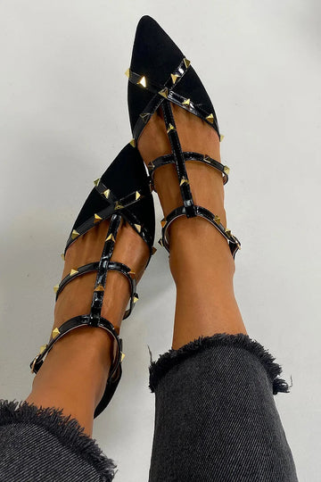 Metal Rivets Decor Cross Strap Pointed Toe Black Flats