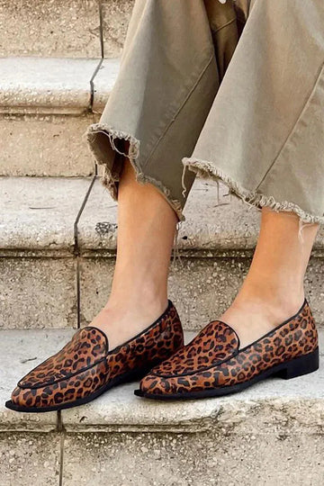 Pointed Toe Leopard Print Slip On Brown Loafers