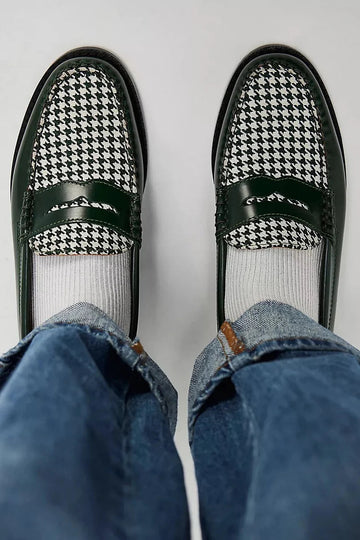 Houndstooth Pattern Patchwork Round Toe Dark Green Loafers