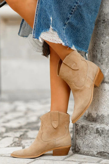 Pointed Toe Patchwork Chunky Heel Khaki Ankle Boots