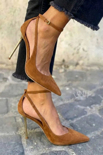 Vintage Faux Suede Cutout Pointed Toe Metallic Stiletto Heels