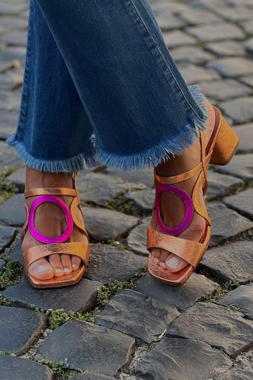 Colorblock Cutout Square Toe Orange Chunky Heels