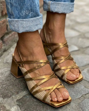 Gold Metallic Multi Strap Square Toe Block Heel Sandals