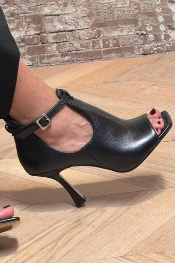 Ankle Strap Buckle Square Toe Black Stiletto Heels