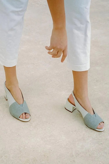 Patchwork Peep Toe Slingback Gray Chunky Heels