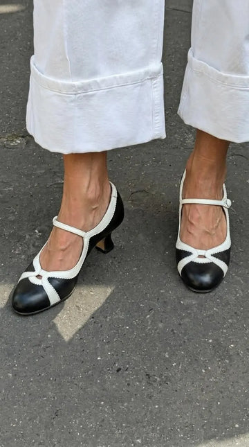 Two Tone Round Toe Mary Jane Black Kitten Heels