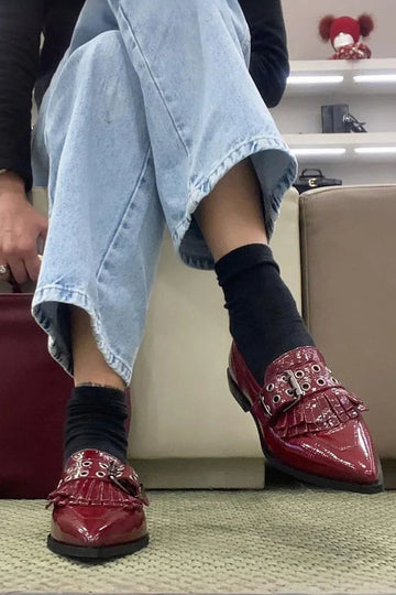 Metallic Eyelets Buckle Pointy Toe Tassels Trim Burgundy Loafers