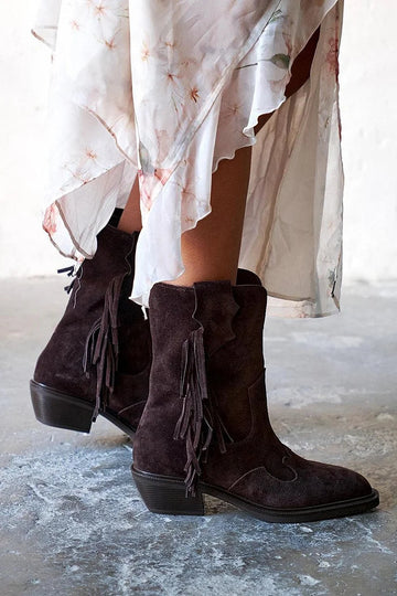 Pointed Toe Patchwork Tassels Dark Brown Western Boots