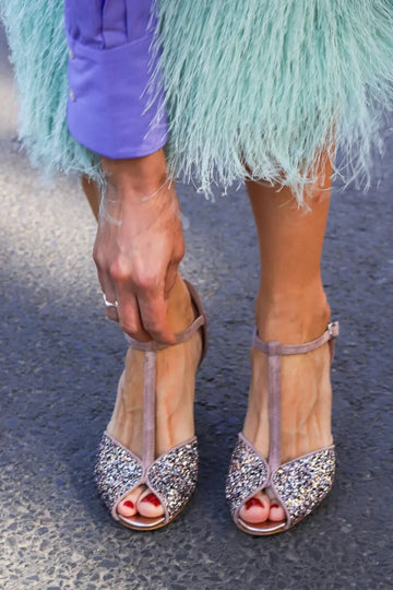 Multicolor Glitter Peep Toe T-Strap Mauve Block Heels