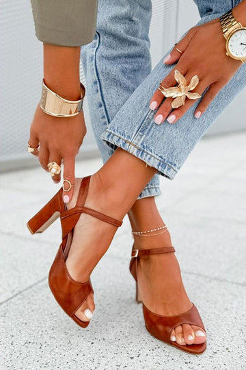 Ankle Strap Buckle Peep Toe Slingback Brown Chunky Heels