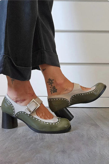 Exquisite Instep Strap Buckle Colorblock Round Toe Green Chunky Heels