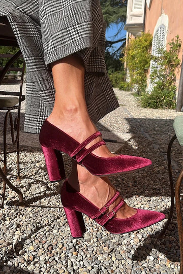Two Straps Buckles Pointed Toe Velvet Burgundy Chunky Heels