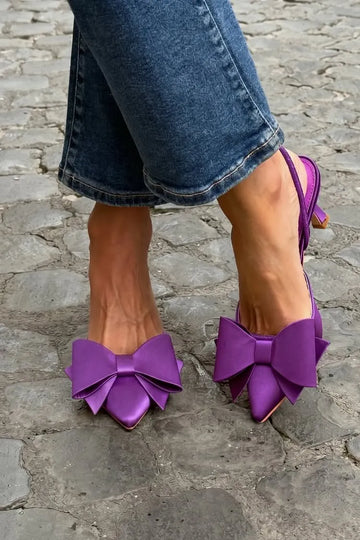 Satin Bow Pointed Toe Slingback Purple Kitten Heels