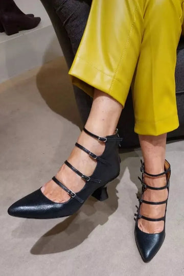 Black Classic Pointed Toe Leather Four-Strap Block Heels