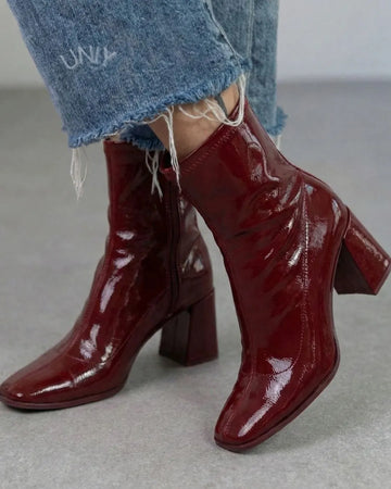 Burgundy Square Toe Panel Patchwork Block Heel Ankle Boots