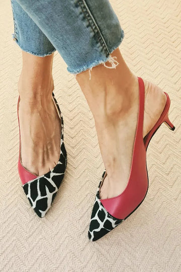 Cow Print Patchwork Pointed Toe Slingback Red Low Heels