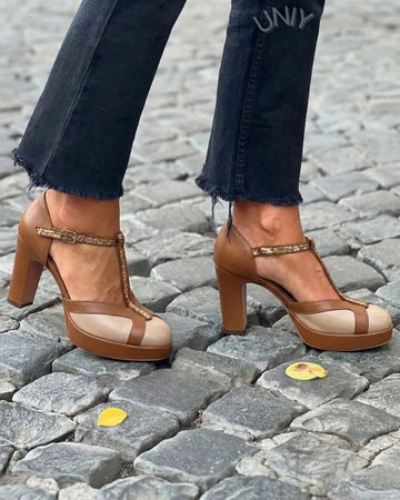 Retro Two Tone Platform Sparkly T-Strap Chunky Block Heels