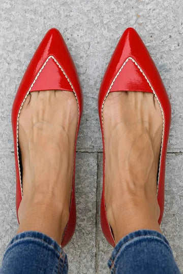 Patent Leather Scalloped Trim Pointed Toe Red Flats