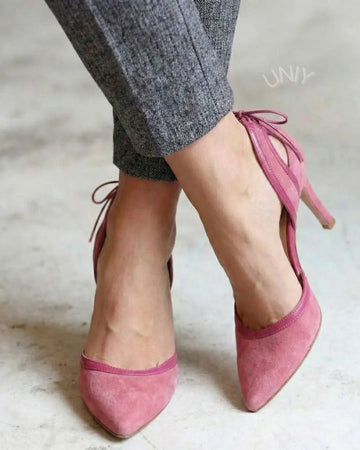 Elegant Pink Suede Pointed Toe Back Tie Bow Stiletto Pumps